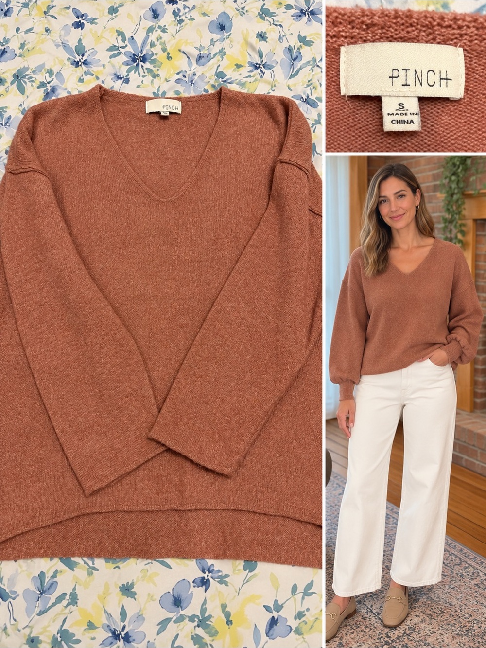 Pinch Women's V-Neck Sweater in Burnt Orange